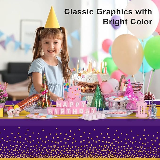 12 Pack Purple and Gold Tablecloth Party Decorations Plastic Purple Tablecloth Printed Gold Table Runner 54 x108 Inch Disposable Rectangle Table Cover for Birthday Wedding Graduation