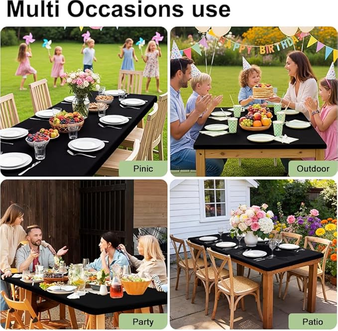 Smiry 2 Pack Rectangle Picnic Table Cloth, Waterproof Elastic Fitted Tablecloths, Washable Polyester Rectangular Patio Table Cover for Camping, Indoor and Outdoor (Black, 30"x84")