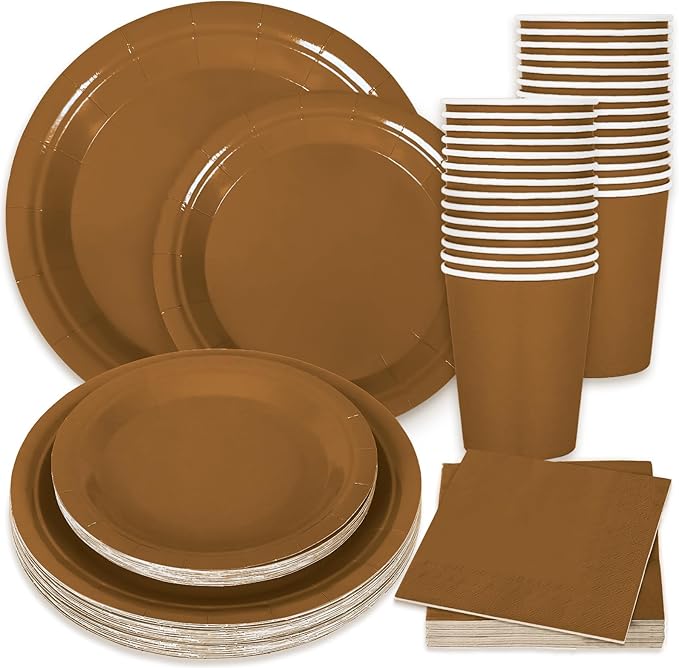 Whaline 100Pcs Brown Tableware Set Fall Disposable Dinnerware Set 50Pcs Paper Plates 25Pcs Napkin 25Pcs Cups for Wedding Birthday Bride Shower Party Supplies Table Decor