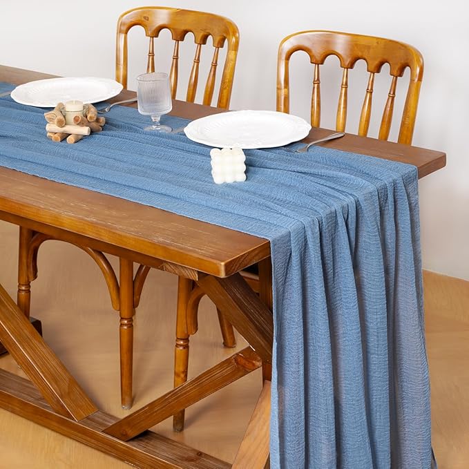 Socomi 6pcs Dusty Blue Easter Spring Gauze Cheesecloth Table Runner 120 Inch Rustic Boho Cheese Cloth Runner for Wedding Party Baby Bridal Shower Centerpiece Decoration Holiday Home Decorations