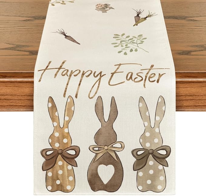 Artoid Mode Carrots Rabbit Bunny Happy Easter Table Runner, Spring Summer Seasonal Holiday Kitchen Dining Table Decoration for Indoor Outdoor Home Party Decor 13 x 120 Inch