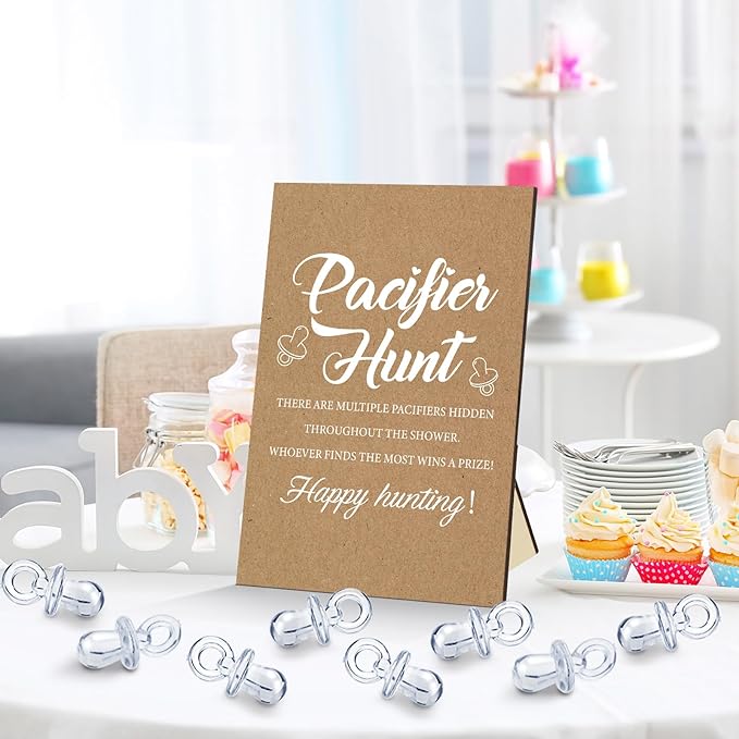 Thyle 51 Pcs Pacifier Hunt Baby Shower Games Include Hunt Sign and 50 Acrylic Pacifiers for Baby Shower Game Decoration Gift Sets Gender Reveal Party Decor(Kraft)