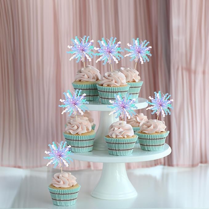 Gyufise 20Pcs Foil Firework Cupcake Toppers Happy Birthday Cake Toppers Sparkle Tinsel Flower Drink Stirrers Cocktail Food Fruit Toothpicks for Valentine's Day Party Supplies Light Blue