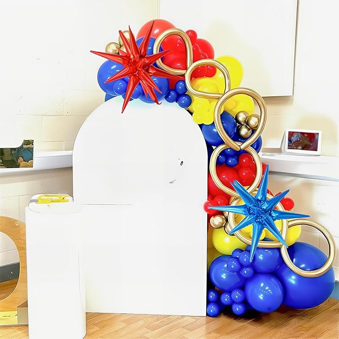 126Pcs Red Blue Yellow Balloon Arch Kit, Cartoon Hedgehog Theme Primary Color Balloon with Gold Circle Explosion Star Foil Balloon Garland Set for Boys Kids Carnival Circus Birthday Party Decorations