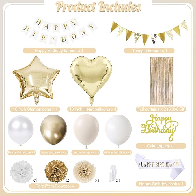 White Gold Birthday Decorations, Beige Gold Party Décor with Foil & Latex Balloons Sash Fringe Curtains Happy Birthday Banner Cake Topper Paper Pompoms Party Decor for Women Girl