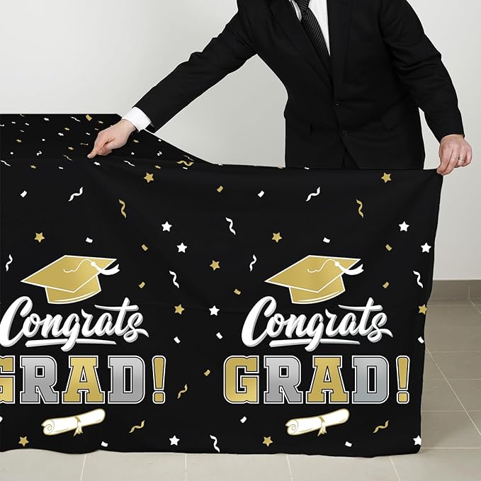 Gatherfun 2026 Graduation Decorations : 2-Pack Congrats Grad Disposable Tablecovers - Class of 2026 Black and Gold Themed Table Cloths, for Graduation Party Supplies & Graduation Backdrop, 54" X 108"