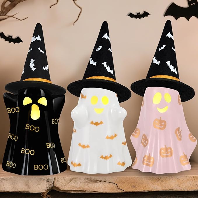 Halloween Decorations Indoor, Set of 3 Ceramic Halloween Ghosts with Witch Hats, Cute Spooky Lighted Decor Ghost Figurines Witch Hat Scary Pumpkin Bats Boo for Home Mantel Shelf Table Decor