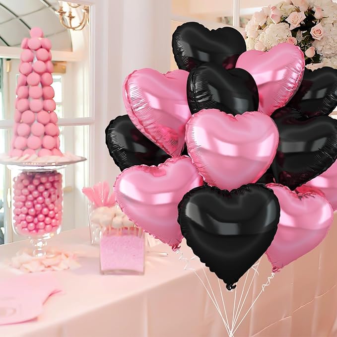 Pink Black Heart Balloons,12Pcs Light Pink Heart Shaped Foil Balloons,18Inch Black Pearl Pink Helium Balloon for Baby Shower Birthday Anniversary Wedding Party Decorations