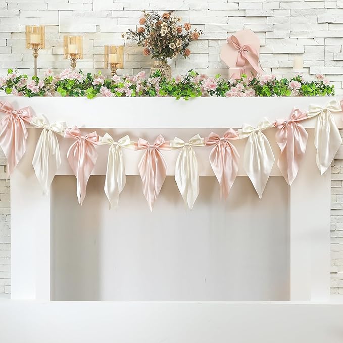 VitalCozy 1 PCS White Pink Bow Garland Banner, Satin Ribbon Hanging Party Bow Garland Decoration for Birthday Baby Shower Wedding Party Supplies