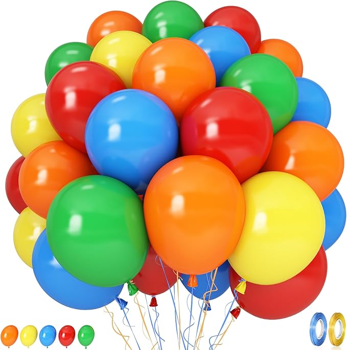 Red Yellow Blue Green Balloons, 60PCS Red Orange Blue Balloons, Rainbow Cartoon Theme Primary Color Latex Balloon for Kids Birthday Baby Shower Festival Carnival Circus Party Decorations Supplies
