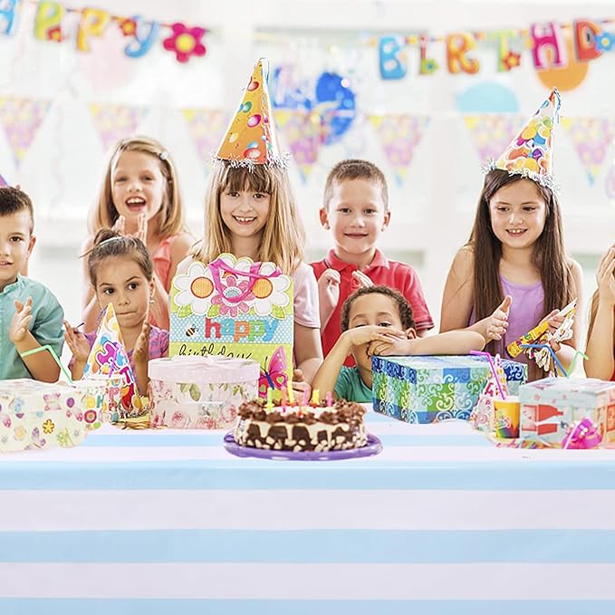 Kesfey 3 Packs Light Blue and White Vertical Striped Table Cloth 54 x 108 Inches Bluey Stripe Table Cover Disposable Plastic Beach Tablecloths Waterproof Rectangle Picnic Tablecover for Birthday Party
