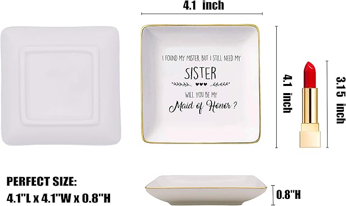 I Found My Mister,But I Still Need My Sister,Will You Be My Maid of Honor - Bridal Shower,Bachelorette Party Gift For Bridesmaid,Sister,Friends,Women -Ceramic Jewelry Holder Ring Dish Trinket Box Tray