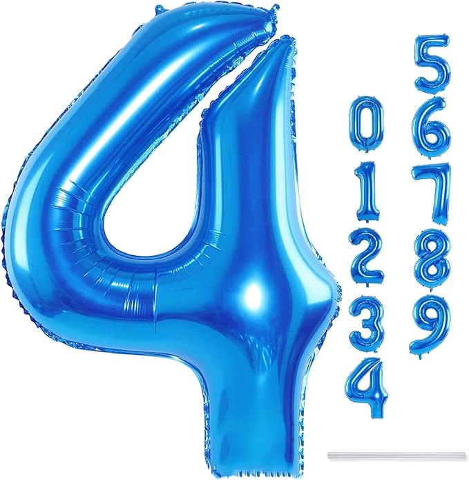 Blue 4 Balloons, 40 Inch Large Foil Number Balloons Set 0-9, Self Inflating Digital 4 Helium Balloon for Boys Men 4th 40th Age Birthday Anniversary Graduation Party Decorations Photo Shoot Supplies