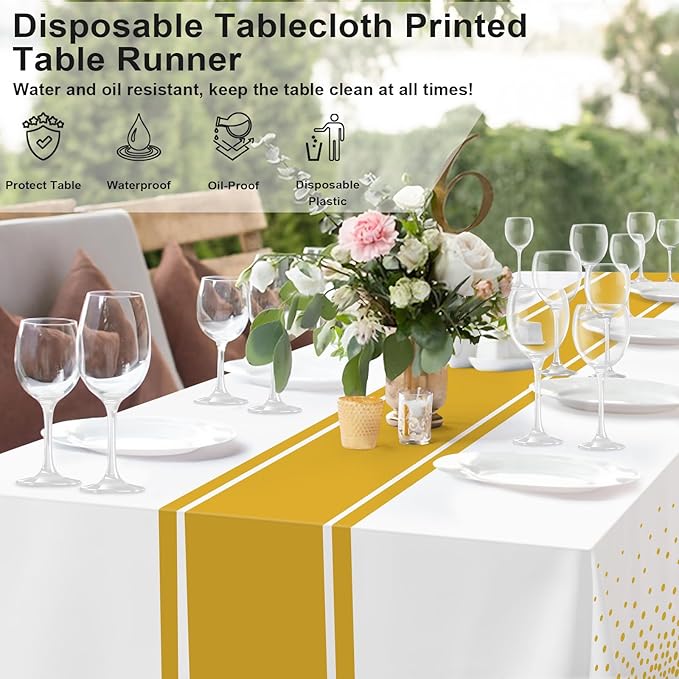 12 Pack White and Gold Tablecloth Party Decorations Plastic White Tablecloth Printed Gold Table Runner 54 x108 Inch Disposable Rectangle Table Cover for Birthday Wedding Graduation