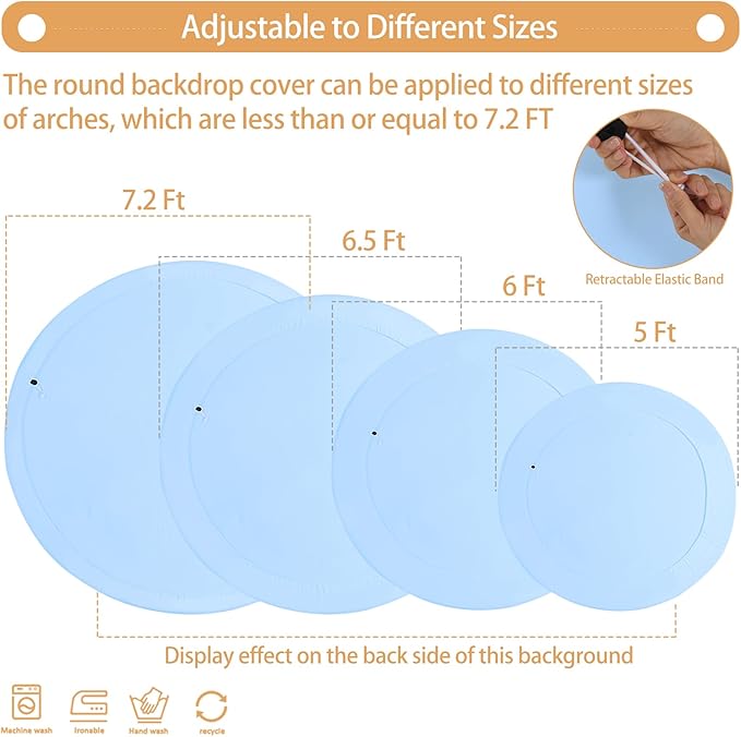 Gallety 7.2FT Baby Blue Round Backdrop Cover with Size Adjuster & 4 Metal Clips, Universal Fit for 5ft-7.2ft Circle Stand, Polyester Fabric Arch Cover for Wedding, Birthday Party, Photography Decor