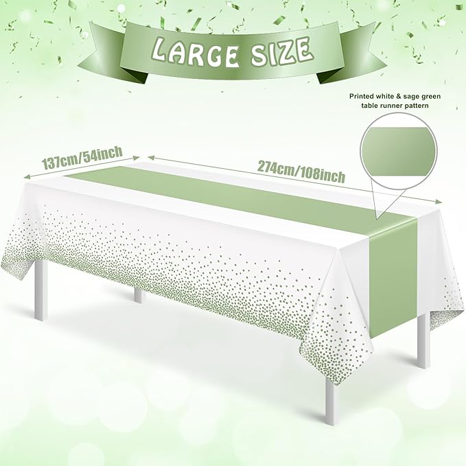 1Pcs White and Sage Green Tablecloth Decorations,Plastic White Table Cloth Printed Green Table Runner Disposable Rectangle Tables Cover for Birthday Wedding Anniversary Graduation Party,54 x108 Inch