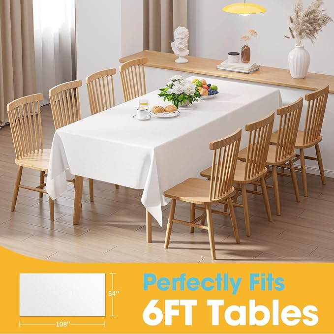 White Plastic Table Cloth - 4 Pack 54" × 108" Rectangle Disposable Tablecloths for 6FT Tables, Table Cover for Party, Holiday & Gathering Use