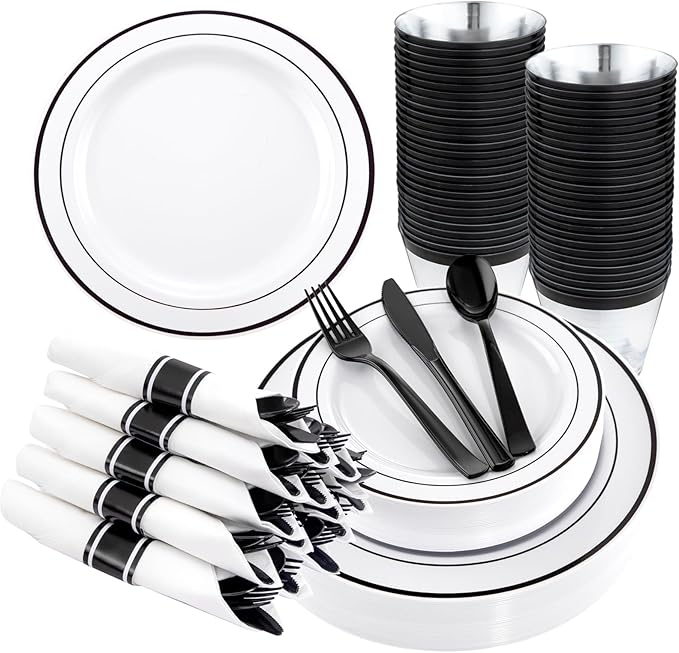 WELLIFE 350Pcs Black Plastic Dinnerware with Pre Rolled Napkins, Include:50 Dinner Plates, 50 Dessert Plates, 50 Paper Napkins, 50 Cups, 150 Plastic Cutlery