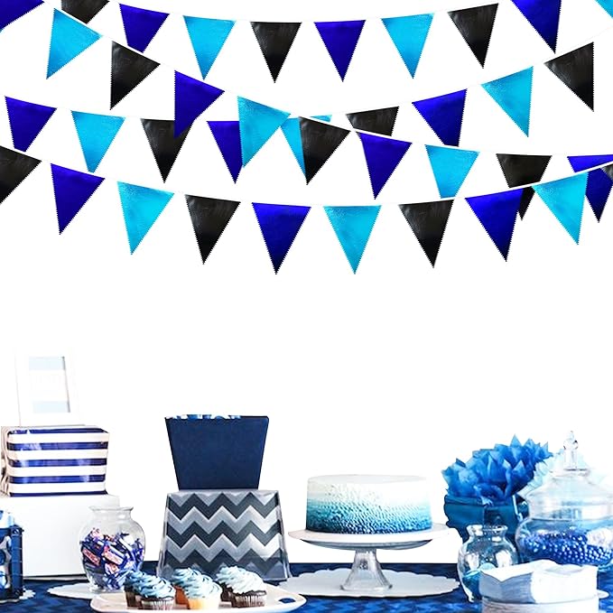 Black Blue Party Decorations Metallic Fabric Triangle Pennant Banner Flag Bunting Garland for Video Game Nautical Birthday Graduations Retirement Wedding Bachelorette Outdoor Holiday Party Supplies