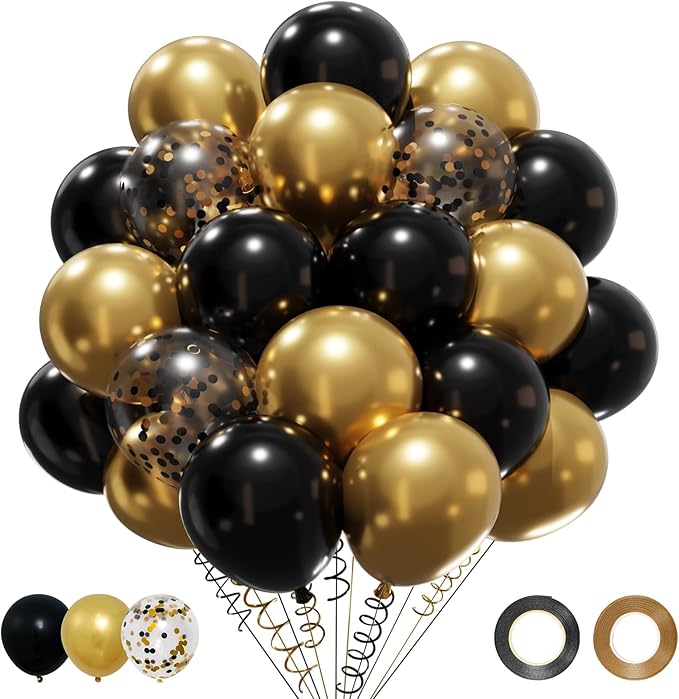 Patimate Black Gold Confetti Balloons Set, 50 pcs 12 inch Metallic Gold Black Confetti Latex Balloons Kit for Birthday Wedding Graduation New Years Anniversary Party Decorations