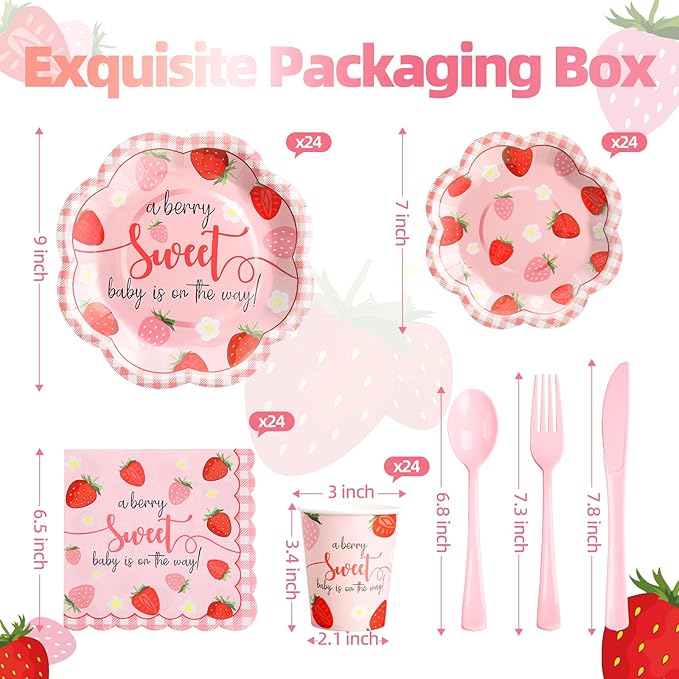 Strawberry Baby Shower Decorations for Girl, Berry Sweet Baby Shower Plates and Cups and Napkins Sets Serves 24, Strawberry Plates, A Berry Sweet Baby Is On The Way Decorations, Girl