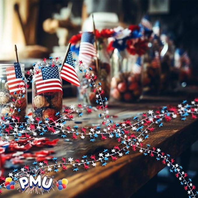 PMU 150 Ft Patriotic Star Garlands with Wire, Shiny Metallic Garland for 4th of July, National Day, Independence Day, Red, White and Blue (6pc-25Ft Each)