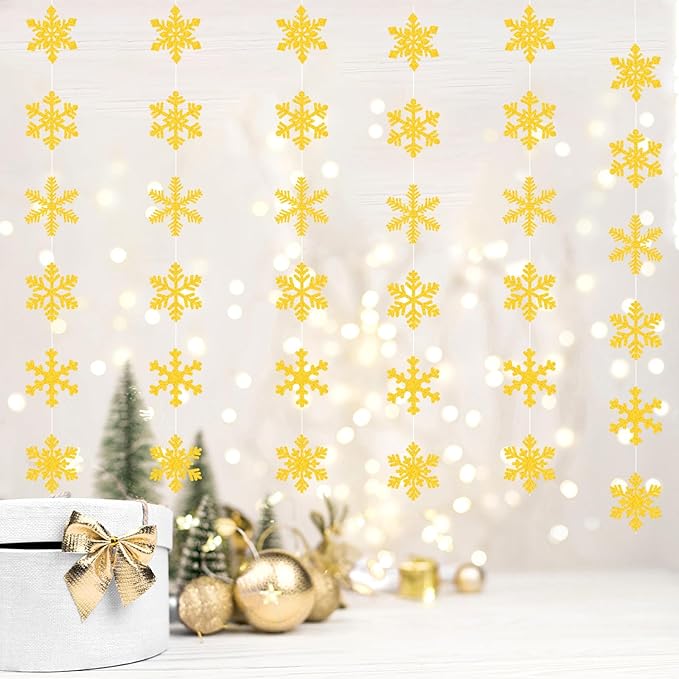 Gold Snowflake-Snow Christmas Party-Decorations Garland - 6pcs Winter Girl Boy Birthday New Year Hanging Decoration Streamers Banner, Wonderland Party Supplies Decor Panduola