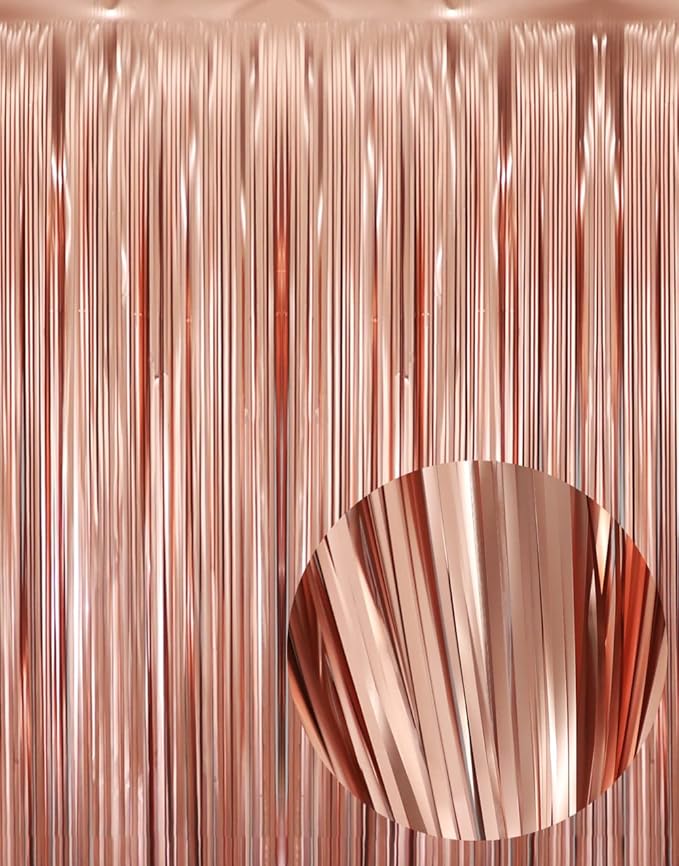GOER 6.4 ft x 8.2 ft Metallic Tinsel Foil Fringe Curtains,Pack of 2 Party Streamer Backdrop for Birthday,Graduation Decorations and New Year Eve (Matte Rose Gold,Thick Material)