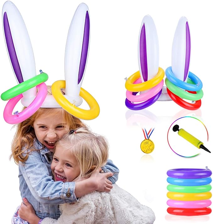 Hoshin 2 Set Inflatable Bunny Ears Ring Toss Game (2 Rabbit-Ear Hats with 12 Ring Toss, 1 Medal and 1 Hand-held Pump) - Great Family Easter Party Games