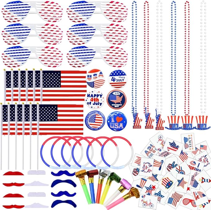 CAMIRUS 4th of July Party Favors, 126 Pcs Patriotic Accessories USA Flags Sunglasses Necklaces Glow Sticks Musical Blow Outs Mustaches Brooches Stickers for Independence Day, Memorial Day, Labor Day