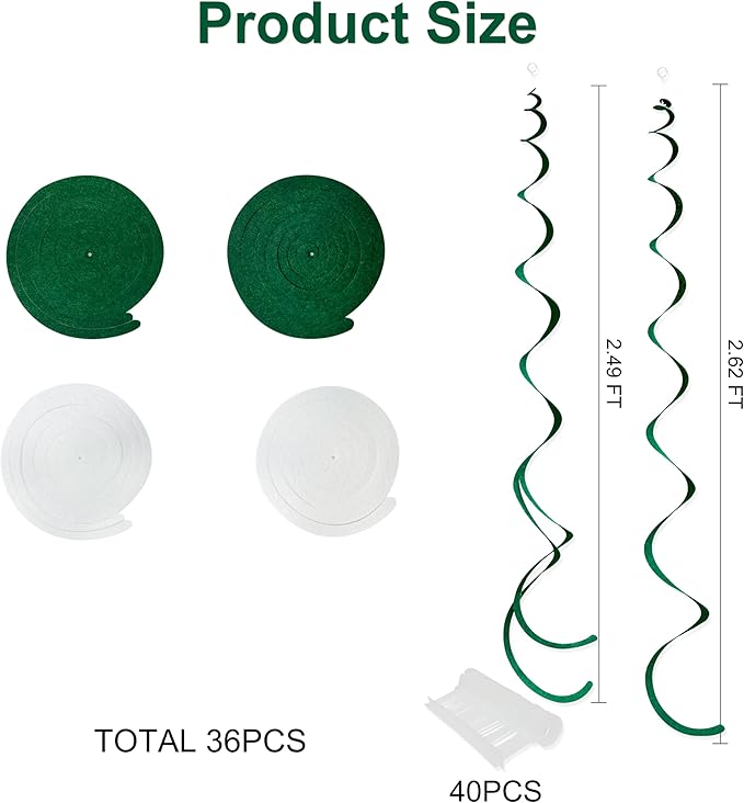 36 Pcs Green White Hanging Swirl Decorations Felt Swirl Streamer Spiral Ceiling Garland for Birthday Graduation Wedding Retirement Baby Shower Spring Summer Christmas Masters Golf Party Decor Supplies