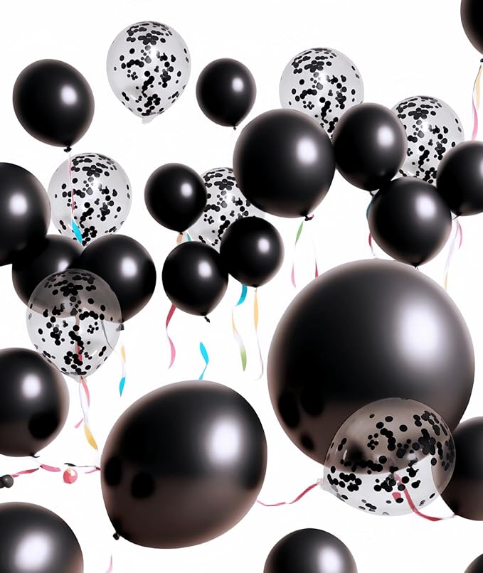 100 Pcs Black Balloons 12 inch and 10 Pcs Black Confetti Balloon Total 110 for Wedding, Graduation, Birthday Party Decoration