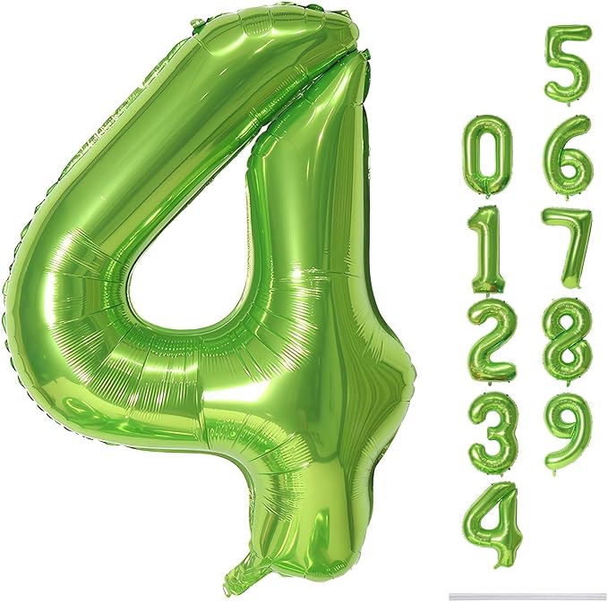 Green 4 Balloons, 40 Inch Large Foil Number Balloons Set 0-9, Self Inflate Digital 4 Helium Balloon for Boys Girls Men Women Jungle Birthday Anniversary Party Decorations Photo Shoot Supplies