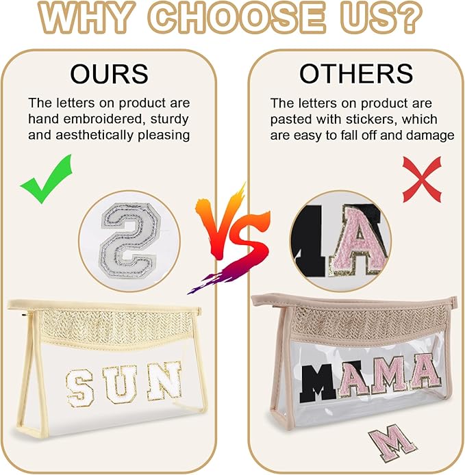 Iqimott Clear Patch Sun Bag Makeup Letter Bag, Boho Preppy Letter Bags for Beach Swim, Waterproof Zipper Make up Bags Toiletry Pouch for Women Girls, Clear Organizer Pouch for Travel(Sun, Beige)