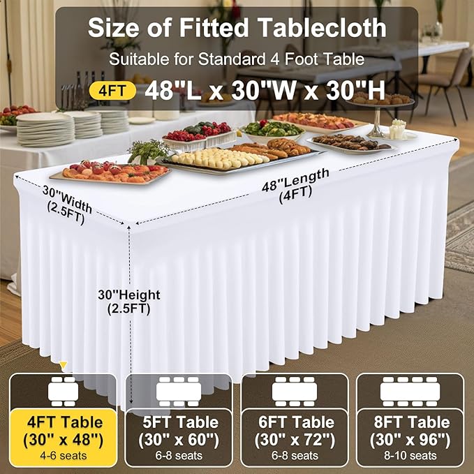 Smiry Spandex Tablecloth, Elastic Fitted Stretch Tablecloth for 4FT Rectangle Tables, Waterproof Washable Table Cover Skirt for Outdoor, Wedding, Parties & Banquet (White, 48Lx30Wx30H Inch)