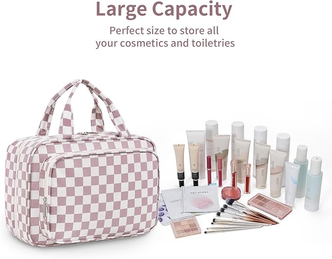 Narwey Travel Toiletry Bag for Women Large Hanging Makeup Bag Organizer Toiletries Bag for Full Size Essentials Accessories Cosmetics (Dusty Pink Checkerboard (Large))