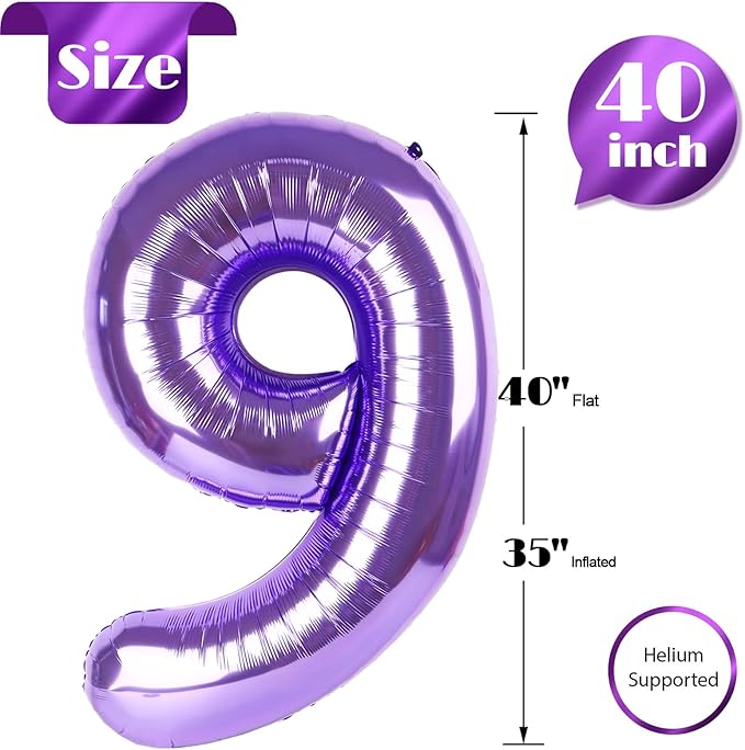 Purple Number 9 Balloon 40 Inch, 9 Balloon Number, 9th Birthday Decorations, Purple Party Supplies for Boys Girls
