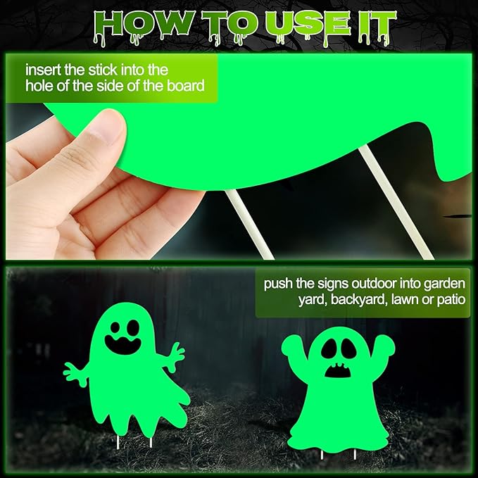 6 Pcs Halloween Yard Stakes Glow in The Dark with Green Fluorescent Layer Waterproof Plastic Cute Outdoor Sign Halloween Decorations for Lawn Patio Yard Garden Decoration (Ghost)