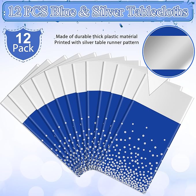 12Pcs Blue Silver Tablecloth Party Decorations,Plastic Royal Blue Table Cloth Printed Silver Table Runner Disposable Rectangle Tables Cover for Anniversary Wedding Graduation 2024 Party,54 x108 Inch