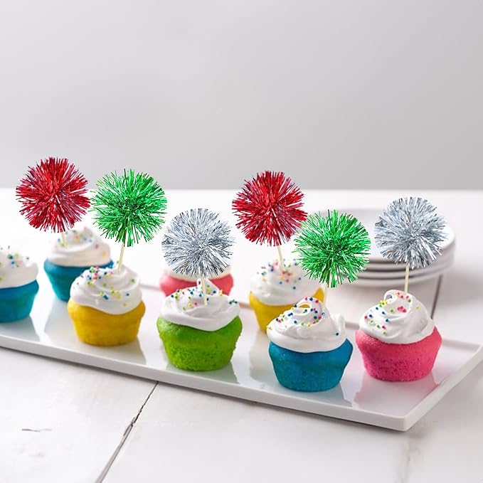 Gyufise 30Pcs Foil Firework Cupcake Toppers Sparkle Tinsel Cake Toppers Tinsel Drink Cake Decoration Cocktail Picks for Birthday Wedding Graduation Party Supplies Silver Green Red
