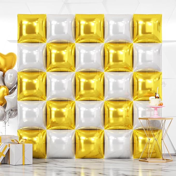 NISOCY 25PCS Gold White Square Foil Balloons Wall Backdrop Double Sided Gold Pearl White Balloon Arch Kit for Birthday New Year Wedding Engagement Bridal Shower Party Decorations
