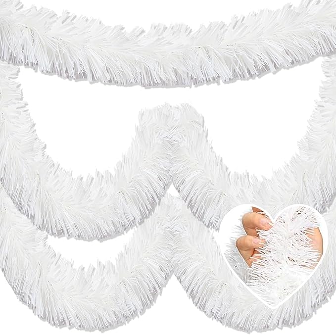 50 Feet Christmas Tinsel Garland, Metallic Twist Garland Wall Hanging Tinsel Garland Backdrop for Parade Floats, Carnival, Birthday, Wedding, New Year Party Decorations (Macaron White, 2in x 50ft)