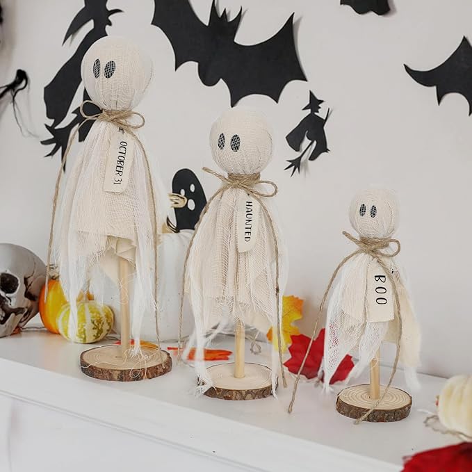 DAZONGE Halloween Decorations Indoor - Set of 3 Primitive Halloween Ghosts on Wooden Stand for Table Centerpieces, Shelves, and Mantels