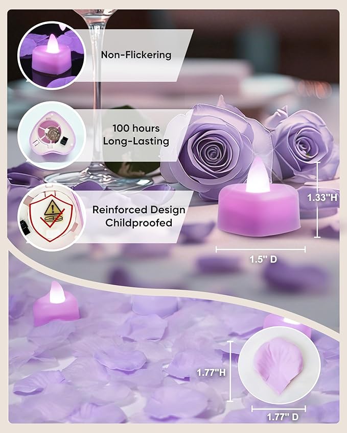 Amagic 2000 Pieces Light Purple Artificial Rose Petals with 24 Light Purple LED Tea Lights, Rose Petals and Candles Set for Proposal, Anniversary, Romantic Night, Wedding Decor