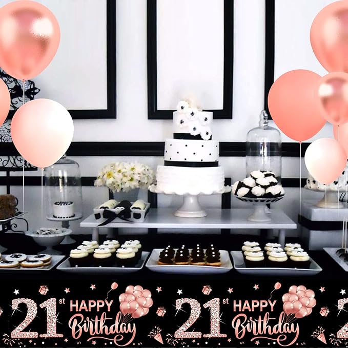 3 Pack Rose Gold 21st Birthday Tablecloth Decorations for Women Girls, Happy 21st Birthday Theme Table Cover Party Supplies, Plastic Disposable Rectangular Table Cloth Decor