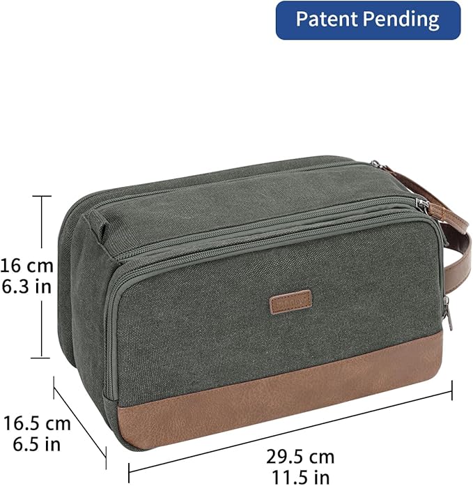 WANDF Toiletry Bag for Men Travel Toiletry Organizer Canvas and Leather Dopp Kit Water-Resistant Shaving Bag for Travel Accessories (Green, Large)