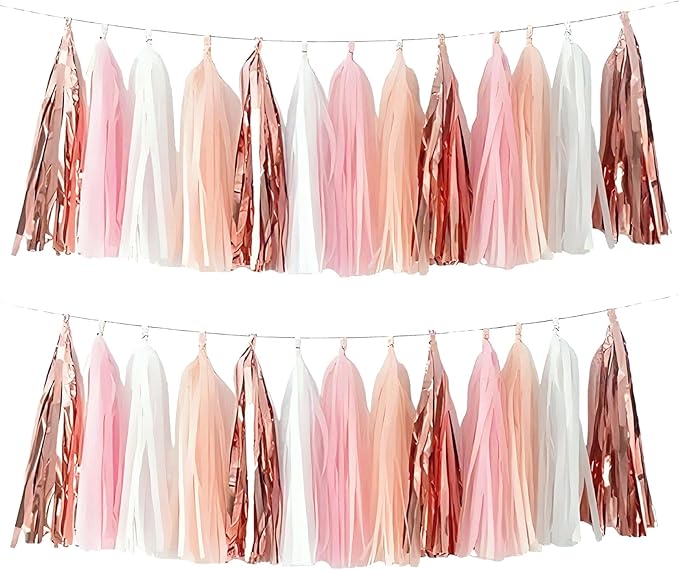 Rose Gold Peach White Pink Tassel Garland Banner, 20 Pack, Tassel Garland Party Decorations for Birthday, Boho Music Festival, Baby Shower,Bridal,Wedding