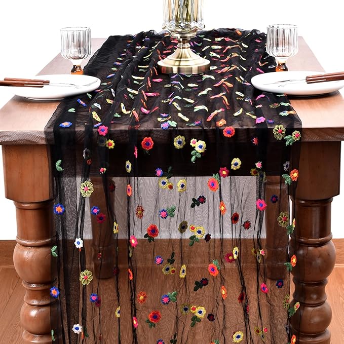 Joanlody 3pcs Black Embroidery Daisy Spring Summer Table Runner 10ft Florals Seasonal Easter Tulle Table Runner Holiday Kitchen Dining Table Decoration for Home Party Indoor