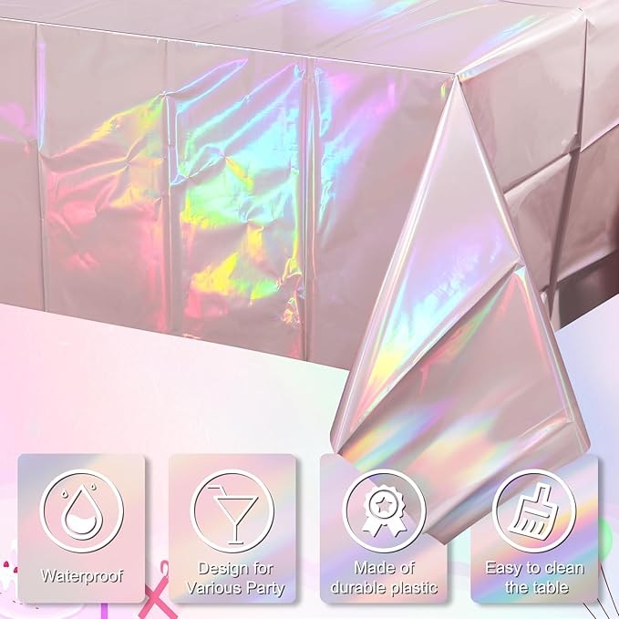 6 Pack Iridescent Light Pink Tablecloth for Parties, Pastel Pink Holographic Plastic Table Cover, Disposable Laser Baby Pink Table Cloth for Birthday Wedding Baby Shower Party Decorations, 54x108 Inch