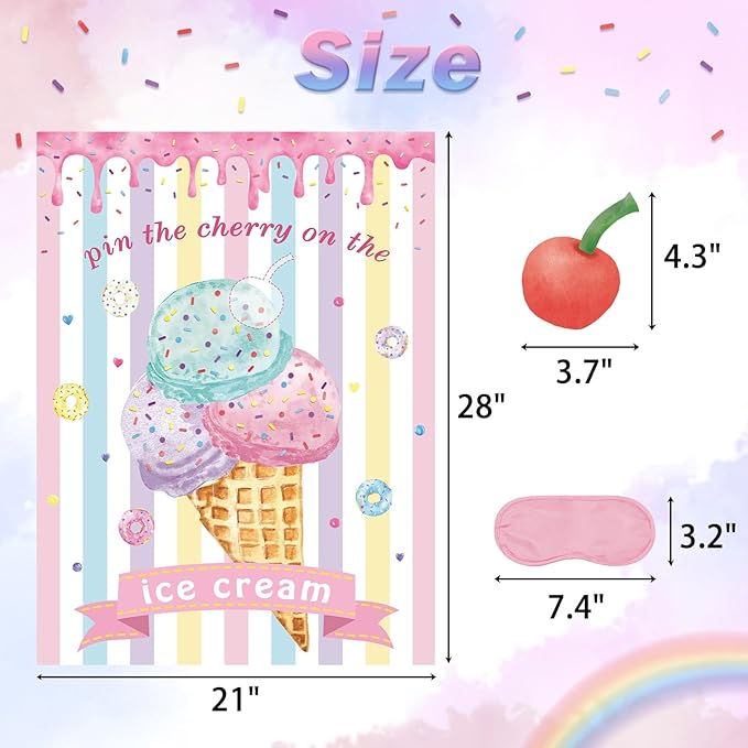 Pin The Cherry on The Ice Cream Game with 24 PCS Cherry Stickers Games Poster for Kids Girls Birthday 21'' x 28''